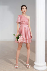 One-Shoulder Layered Mini Dress in Glossy Silk with Flared Hem and Fitted Waist